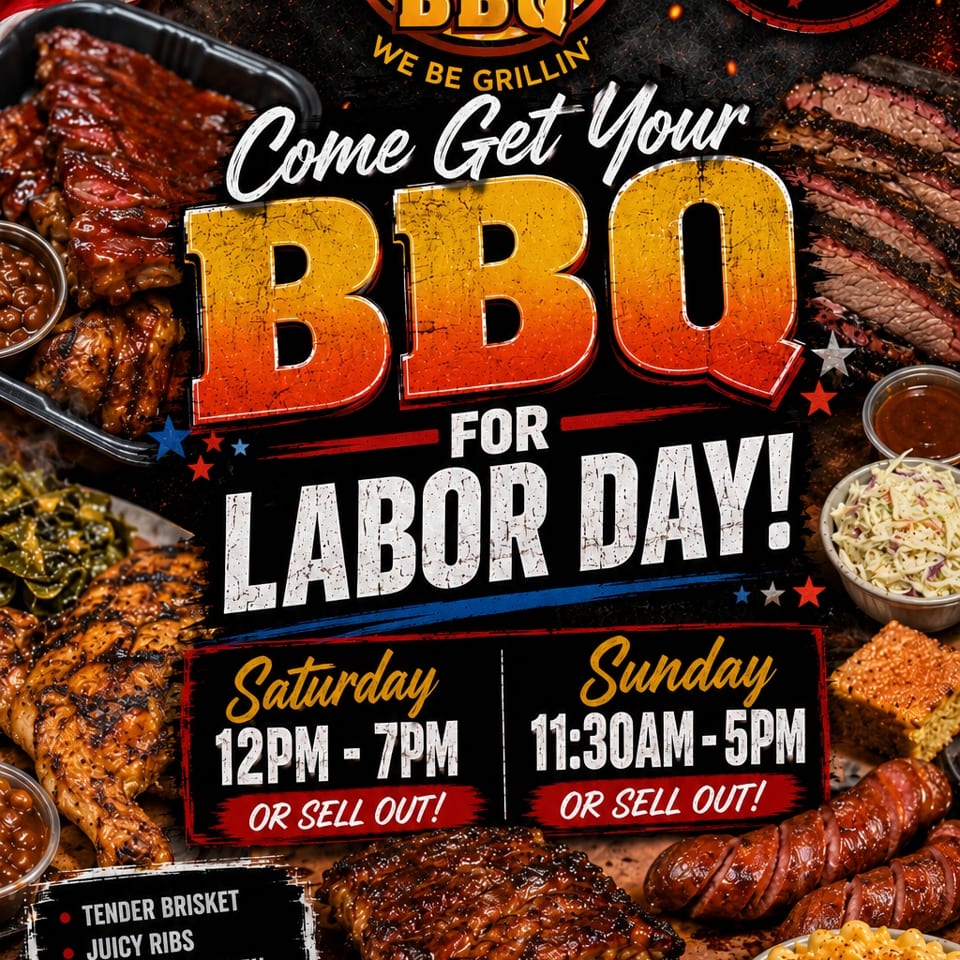 Big Swerves BBQ Labor Day promotional poster featuring smoked meats, sides, American flag, logo, and weekend hours.