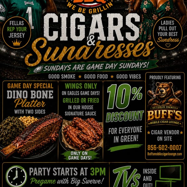 Big Swerve’s BBQ Eagles game-day promotional flyer featuring barbecue plates, wings, football fans, and Sunday specials.