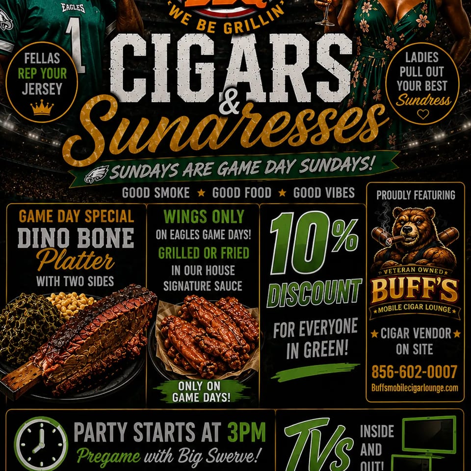Big Swerve’s BBQ Eagles game-day promotional flyer featuring barbecue plates, wings, football fans, and Sunday specials.