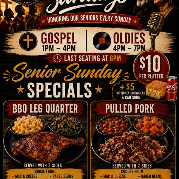 Big Swerve's BBQ "Soulful Sundays" flyer featuring seniors, gospel, oldies, and BBQ specials.