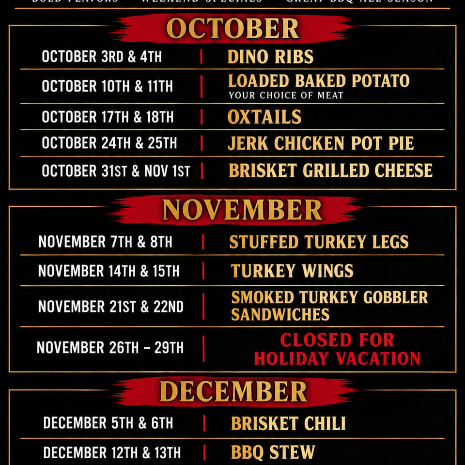Big Swerves BBQ fall and winter specials calendar listing weekend barbecue dishes from October through December.