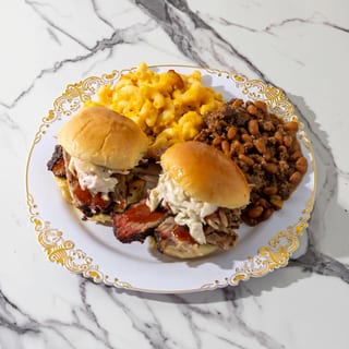2 Pulled Pork Tacos or Sliders with two sides