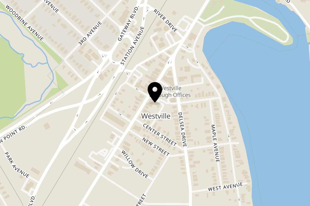 Map showing the location of Big Swerve's BBQ on 201 Broadway Rear Parking Area in Westville